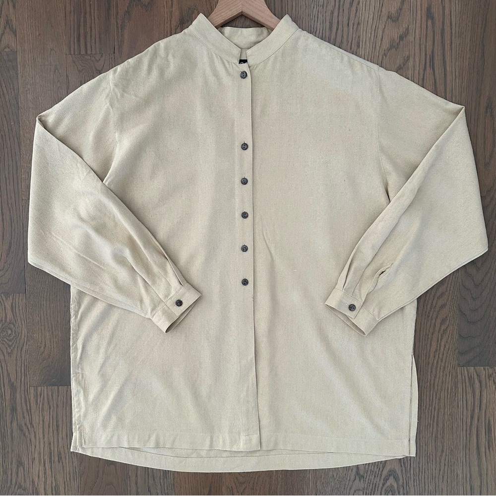 Vintage 100% Raw Silk Stand Collar Tunic Blouse in Golden Beige Tan Medium